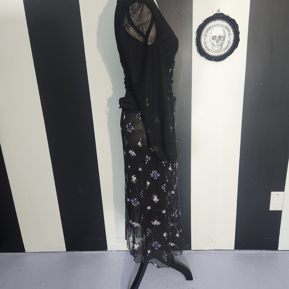Free People Black Mesh Midi Skirt with Purple Floral Embroidery - Picture 5 of 10